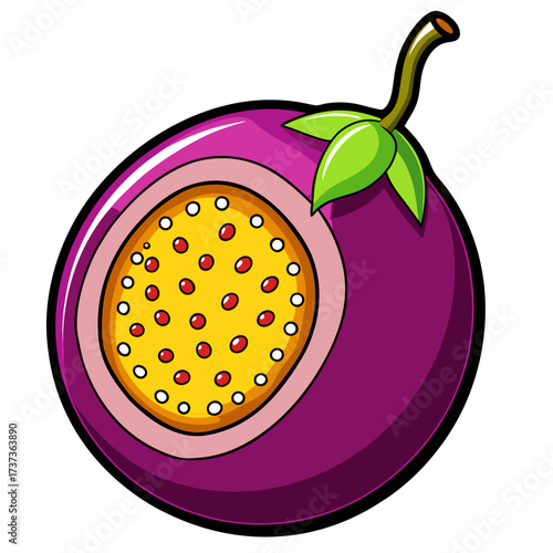 Delicious passion fruit with juicy pulp, a tropical delight. Perfect for healthy eating campaigns, exotic fruit promotions, or vibrant food illustrations.