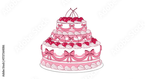 A beautiful pink three-tiered cake adorned with cherries and ribbons for a celebration occasion.