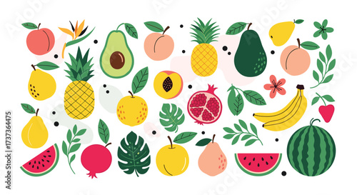 A vibrant and colorful collection of various exotic fruits and tropical leaves.