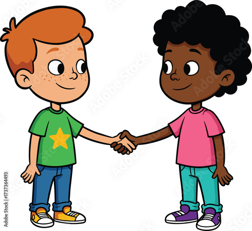 Cartoon children shaking hands, diverse kids friendship illustration, boy and girl agreement, teamwork cooperation, multicultural unity, happy smiling characters, childhood respect, positive 