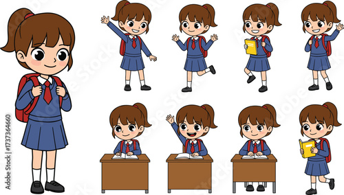 Cartoon schoolgirl character set, student in uniform with backpack, studying, writing, waving, reading book, sitting at desk, education concept, classroom activities illustration