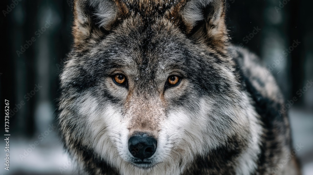Fototapeta premium Medium close-up of a Grey Wolf in the forest. The wolf has dense grey-brown fur and a sharp-set face. Amber eyes stare straight ahead. The background is a forest filled with pine trees and dark green 