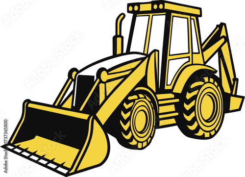 Yellow backhoe loader construction vehicle excavator digging machine equipment heavy duty machinery