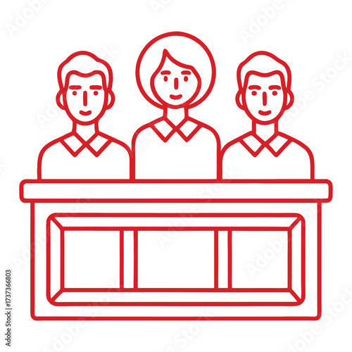 Group of three diverse board members sitting behind table for meeting or discussion icon