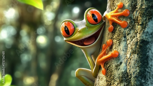 Cartoon frog playing hide and seek, peeking behind tree, laughing