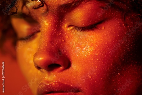 Intense portrait of young woman sweating during infrared workout. Concept: infrared heat, fitness trend, detox sweat, muscle recovery.