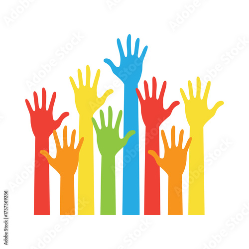 Colorful Raised Hands Symbolizing Community and Diversity.
