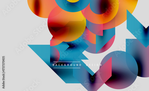 Abstract colorful shapes overlap, creating dynamic visual effect. Modern design features gradients, curves, triangles. Background is light gray.