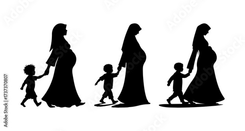 Pregnant Muslim Woman Walking With Child Silhouette Family Vector Illustration