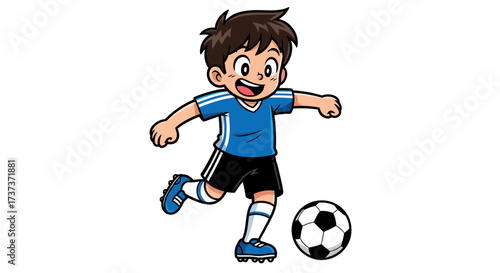 Energetic young boy cartoon character happily playing soccer, kicking a football with a joyful expression