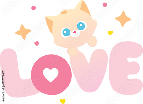 Adorable cartoon kitten peeking over large fluffy pink letters spelling out the word love with a heart inside the letter o and sparkling stars and dots