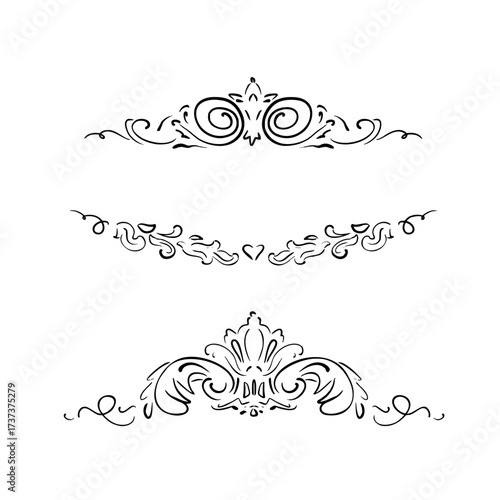 Set of vintage ornamental dividers and flourishes, elegant vector line art illustration in quick sketch style. Great for book design, chapter decoration, invitations and romantic vintage themes