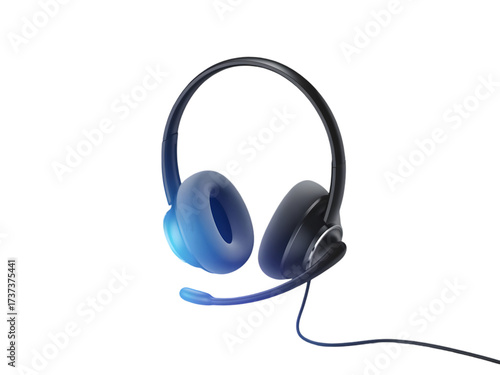 Professional 3D communication headset with an adjustable microphone and glowing blue earcup isolated on transparent background