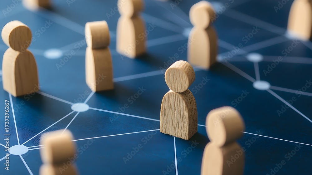 Obraz premium Wooden Figures Network Diagram Blue Background connection
