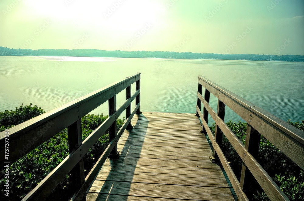 Fototapeta premium Tranquil Wooden Bridge: Bench Over Calm Waters