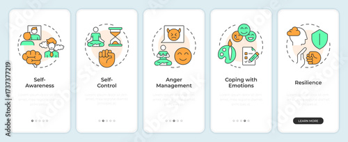 Emotional and self regulation skills onboarding mobile app screen. Walkthrough 5 steps editable graphic instructions with linear concepts. UI, UX, GUI. Montserrat SemiBold, Regular fonts used