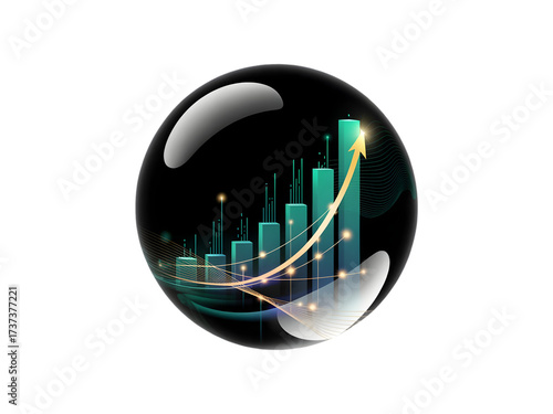 Transparent bubble containing a vibrant business growth chart and golden arrow symbolizing future market success isolated on transparent background