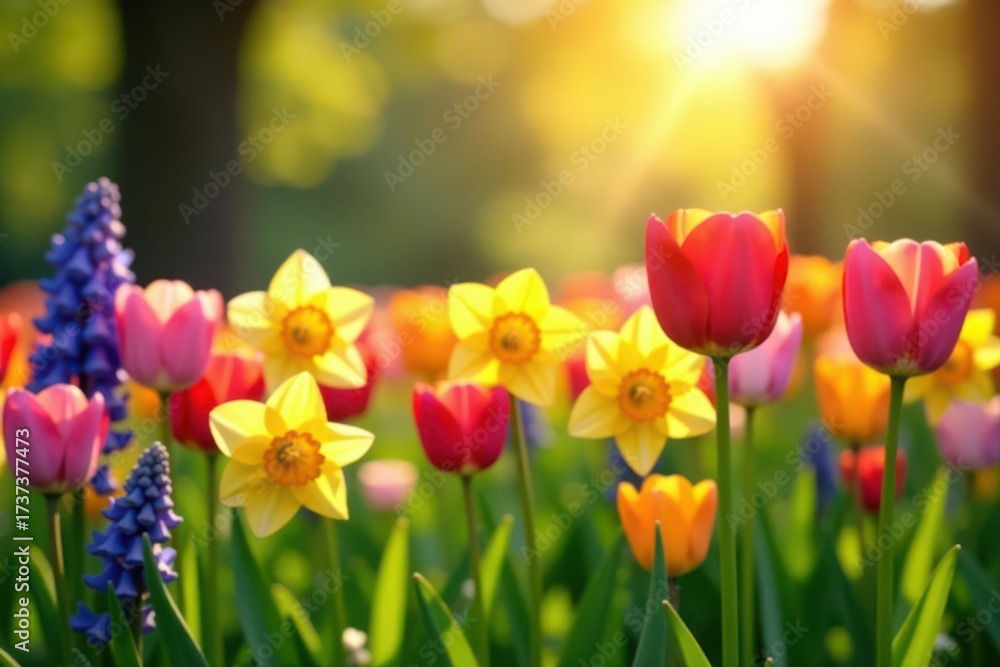 Obraz premium Vibrant tulips, daffodils, and hyacinths bloom in a sun-drenched field , bright, daffodils