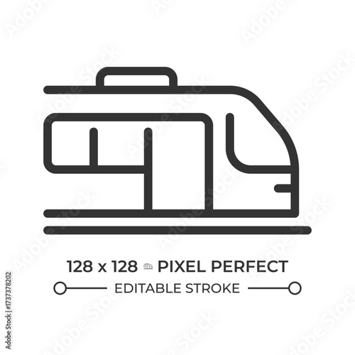 Train pixel perfect line icon. Commuter railroad vehicle. Traveling by railway transport. Locomotive riding. Isolated vector illustration. Outline symbol. Simple linear drawing. Editable stroke