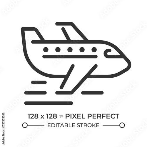 Airplane pixel perfect line icon. Passenger plane flying in sky. Safe modern aircraft. Travelling by air. Isolated vector illustration. Outline symbol. Simple linear drawing. Editable stroke