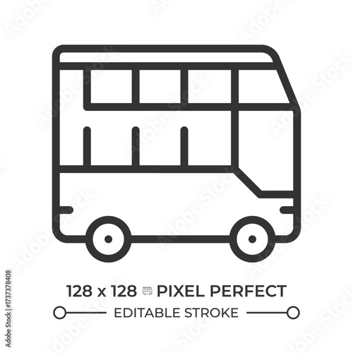 Double decker bus pixel perfect line icon. Two level vehicle designed to carry more passengers. Transportation. Isolated vector illustration. Outline symbol. Simple linear drawing. Editable stroke