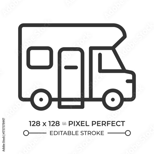 Recreation vehicle pixel perfect line icon. Trailer equipped with living quarters for temporary accommodation. Isolated vector illustration. Outline symbol. Simple linear drawing. Editable stroke
