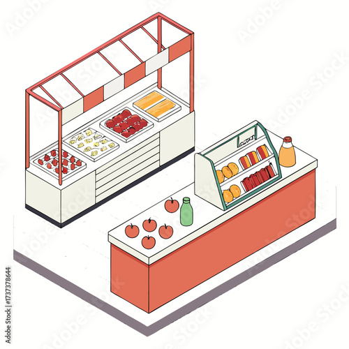 Vector art of isometric illustration of a selfservice salad bar and a sandwich display case, offering a variety of fresh and delicious options for a quick and healthy meal