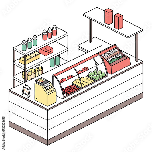 Vector art of isometric illustration of a deli counter with a variety of food items on display, including sandwiches, salads, and drinks, offering a convenient and tasty meal