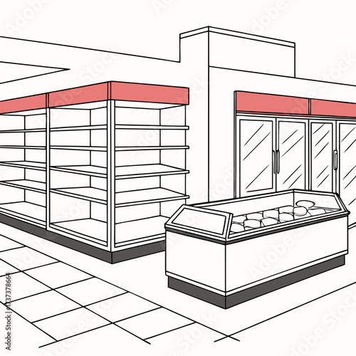 Vector art of isometric illustration of a supermarket exterior and interior, depicting empty shelves and display cases, ideal for visualizing retail planning, store design, or supply chain concepts