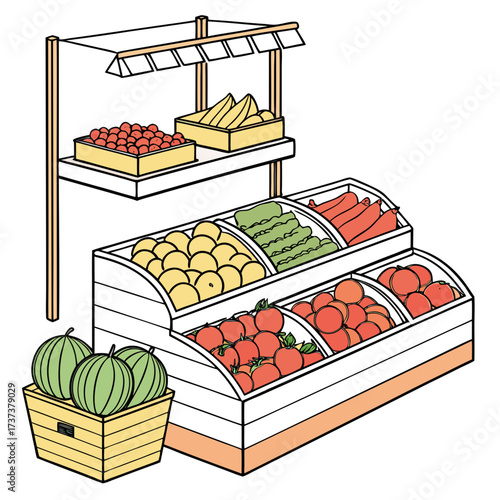Illustration of a colorful fruit and vegetable stand, showcasing fresh produce like watermelons, tomatoes, oranges, lettuce, and bananas in an inviting display