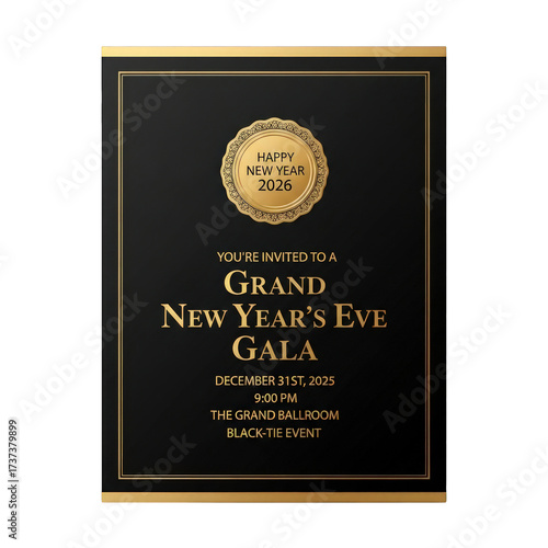 Elegant invitation for a grand new year's eve gala in 2026 with a black tie event theme on transparent background