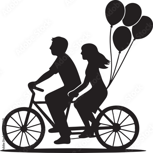 Romantic couple riding a tandem bike with balloons, symbolizing love, fun, and joyful moments.