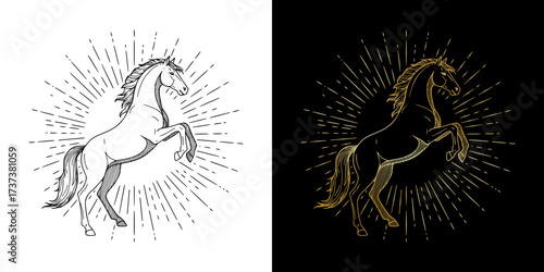 Majestic fiery glowing horse, isolated vector image, two design options on transparent and black backgrounds, 2026, design for a postcard, T-shirt print