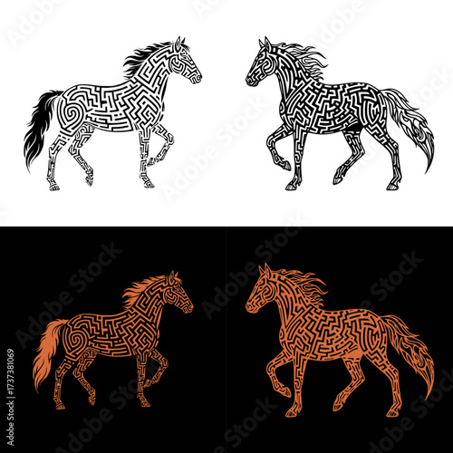 Stylized horses in maze patterns, isolated vector image, two design options on transparent and black backgrounds, fiery horse, 2026, design for a postcard, T-shirt print