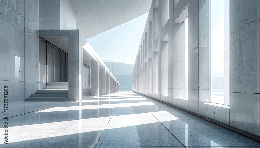 Obraz premium Architectural marvel showcasing long white building with glass facade reflecting sky and clouds in daylight with minimalist and geometric design