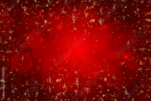 Elegant red background with golden sparkling ornaments, confetti, and stars, perfect for Christmas, New Year, celebration cards, and holiday decorative design.