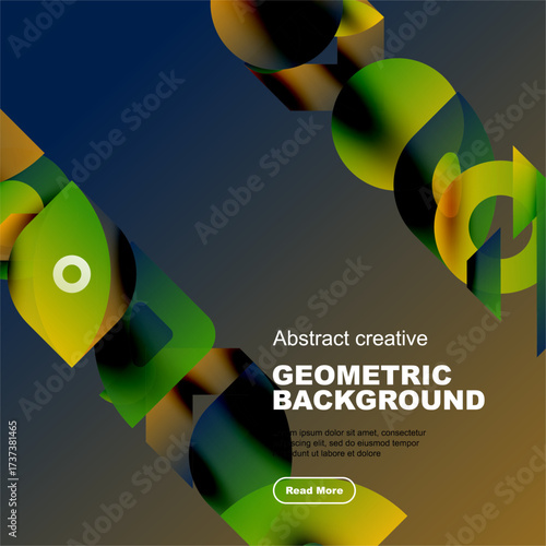 Dynamic composition. Overlapping shapes create vibrant, modern visual experience. Gradients offer depth, texture. Abstract design.