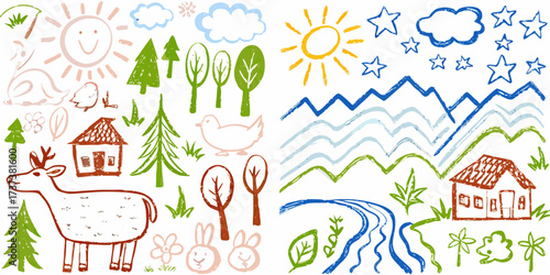 Whimsical hand drawn elements of nature and animals for childrens designs