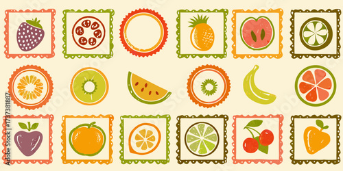 Whimsical hand drawn fruit illustrations in decorative frames and circles