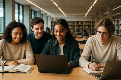 Wallpaper Mural Group of diverse college students smiling and studying together with laptops and books in a modern library with bright light background. Ai generative Torontodigital.ca