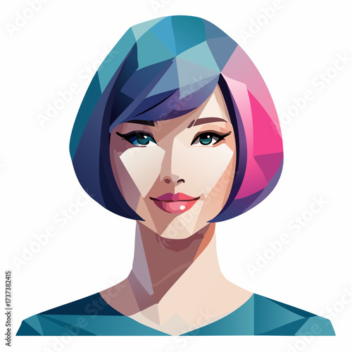 Geometric Portrait of a Stylish Woman with Pink and Blue Accents.