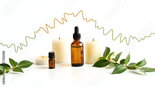 Alpha wave A creative composition with essential oil bottles, leaves, and candles, alpha wave signals connecting each object, the whole scene isolated(3)