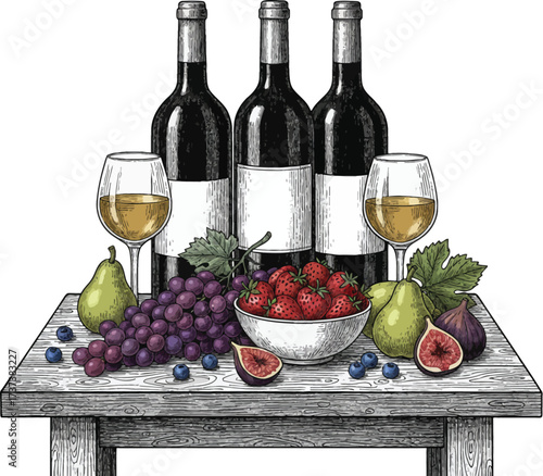 Red wine bottle with glass and grapes on table at winery