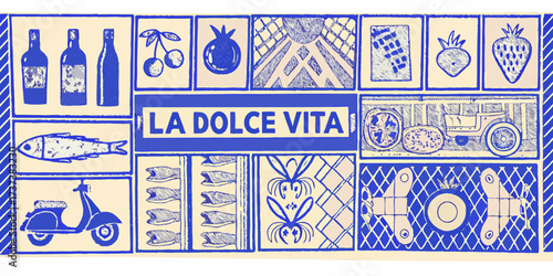 La dolce vita collage featuring italian life elements food transportation and vintage style