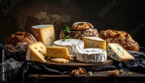 Artisanal Cheese and Bread Still Life on Rustic Wooden Table With Dark Background and Black Cloth
