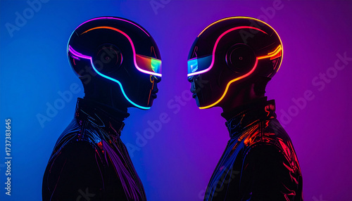 Two figures in futuristic helmets with neon lights face each other in a vibrant, colorful setting.