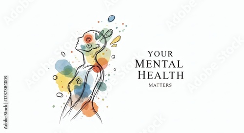 Abstract watercolor illustration of a person with vibrant colors and text about mental health