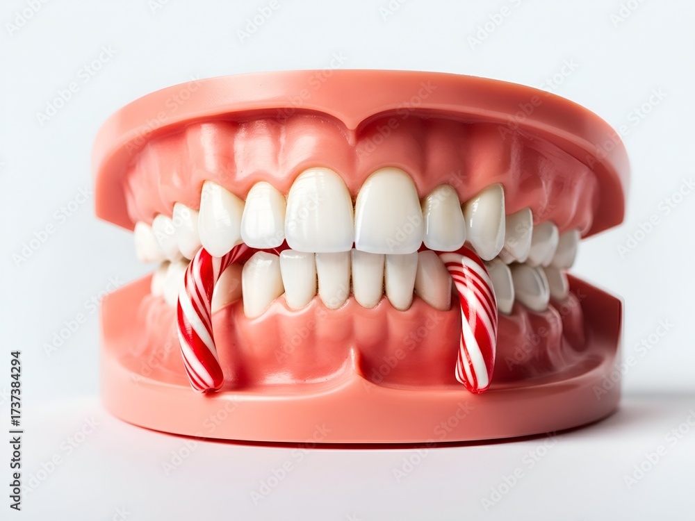 Obraz premium Dental Anatomy Model with Candy Canes, Showing Healthy Teeth Structure on White Background