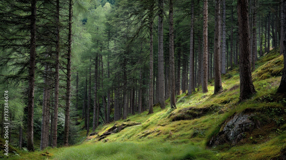 Fototapeta premium Forrest Timber. Pine Trees on Uphill Grass Field in Conifer Wilderness