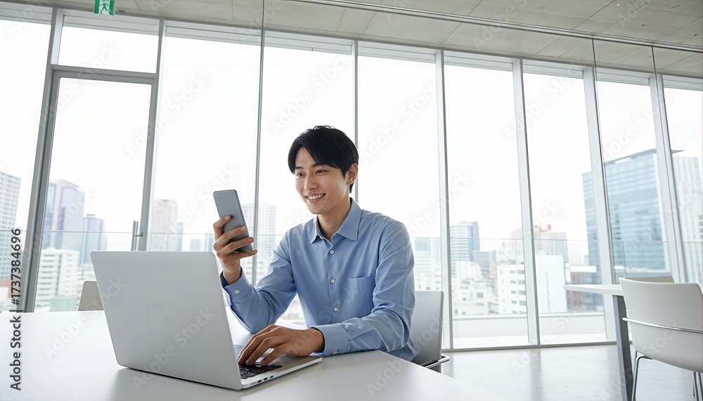 Fototapeta premium 近代的なオフィスでノートPC作業をする男性